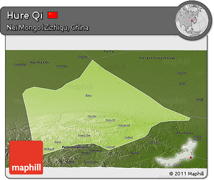Physical Panoramic Map of Hure Qi, darken