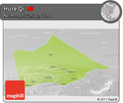 Physical Panoramic Map of Hure Qi, lighten, desaturated