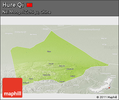 Physical Panoramic Map of Hure Qi, lighten, semi-desaturated