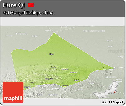 Physical Panoramic Map of Hure Qi, lighten, semi-desaturated