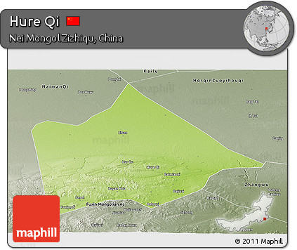 Physical Panoramic Map of Hure Qi, semi-desaturated