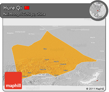 Political Panoramic Map of Hure Qi, lighten, desaturated