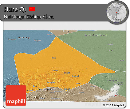 Political Panoramic Map of Hure Qi, semi-desaturated