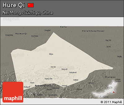 Shaded Relief Panoramic Map of Hure Qi, darken