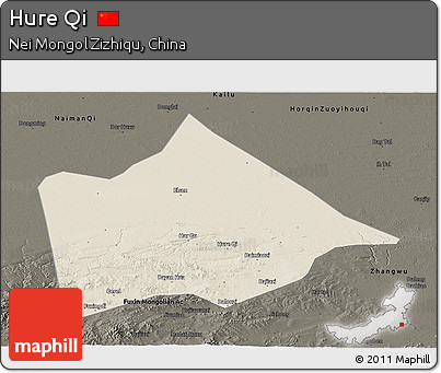 Shaded Relief Panoramic Map of Hure Qi, darken