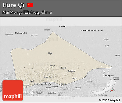 Shaded Relief Panoramic Map of Hure Qi, desaturated