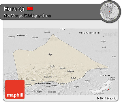 Shaded Relief Panoramic Map of Hure Qi, desaturated