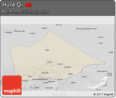 Shaded Relief Panoramic Map of Hure Qi, desaturated
