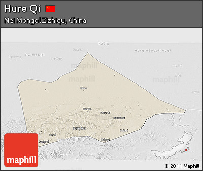 Shaded Relief Panoramic Map of Hure Qi, lighten, desaturated