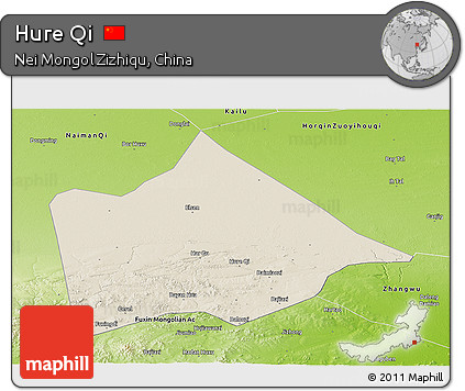 Shaded Relief Panoramic Map of Hure Qi, physical outside