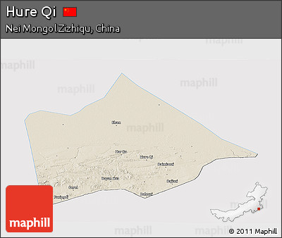 Shaded Relief Panoramic Map of Hure Qi, single color outside