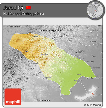 Physical 3D Map of Jarud Qi, desaturated