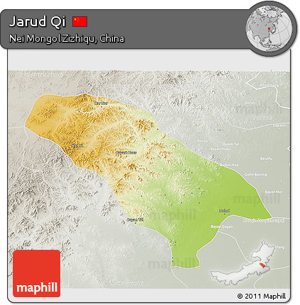 Physical 3D Map of Jarud Qi, lighten, semi-desaturated