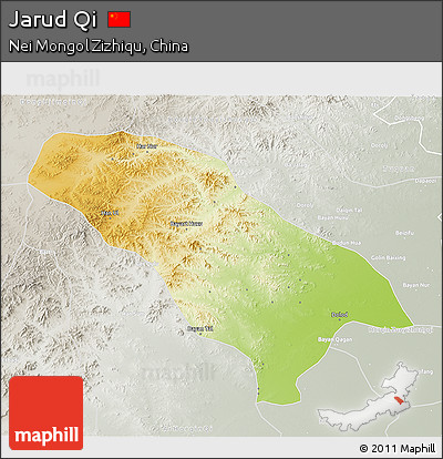 Physical 3D Map of Jarud Qi, lighten, semi-desaturated