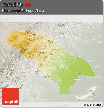 Physical 3D Map of Jarud Qi, lighten, semi-desaturated