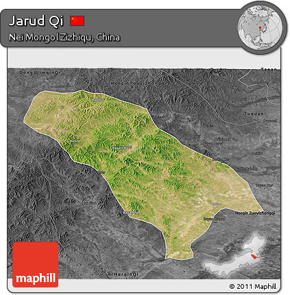 Satellite 3D Map of Jarud Qi, darken, desaturated