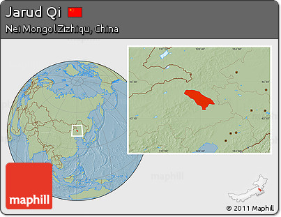 Savanna Style Location Map of Jarud Qi, hill shading