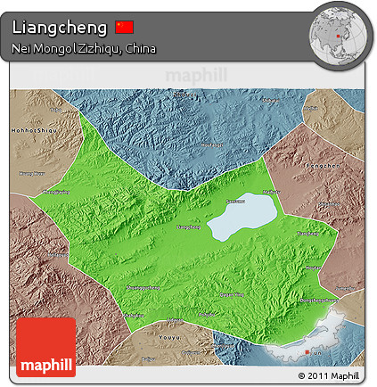 Political 3D Map of Liangcheng, semi-desaturated