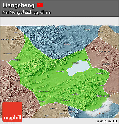 Political 3D Map of Liangcheng, semi-desaturated