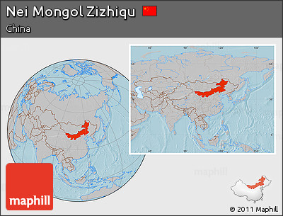 Gray Location Map of Nei Mongol Zizhiqu, within the entire country, hill shading