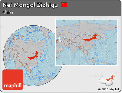 Gray Location Map of Nei Mongol Zizhiqu, within the entire country, hill shading