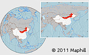 Gray Location Map of Nei Mongol Zizhiqu, highlighted country, within the entire country, hill shading