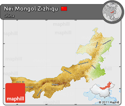 Physical Map of Nei Mongol Zizhiqu, single color outside