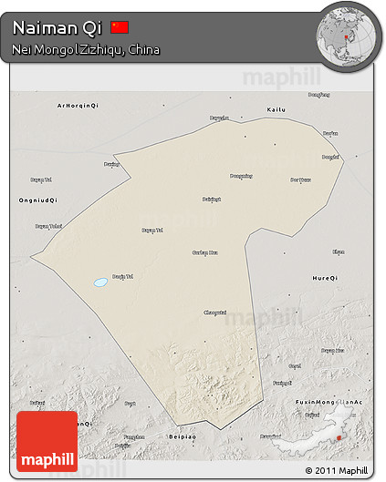 Shaded Relief 3D Map of Naiman Qi, semi-desaturated