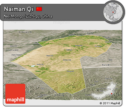 Satellite Panoramic Map of Naiman Qi, semi-desaturated