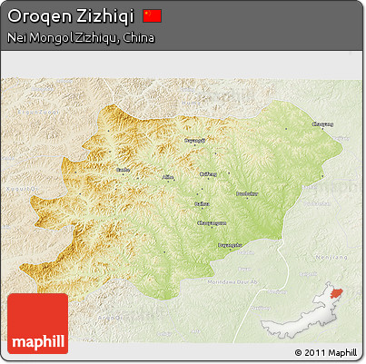 Physical 3D Map of Oroqen Zizhiqi, lighten