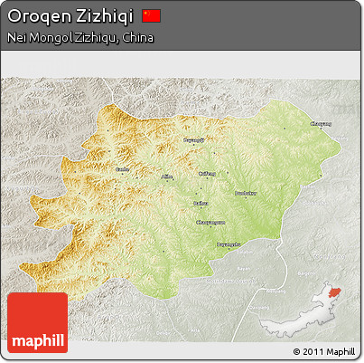 Physical 3D Map of Oroqen Zizhiqi, lighten, semi-desaturated