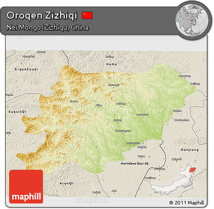 Physical 3D Map of Oroqen Zizhiqi, shaded relief outside