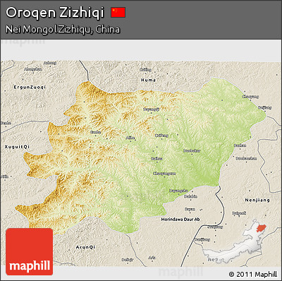 Physical 3D Map of Oroqen Zizhiqi, shaded relief outside