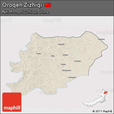 Shaded Relief 3D Map of Oroqen Zizhiqi, single color outside