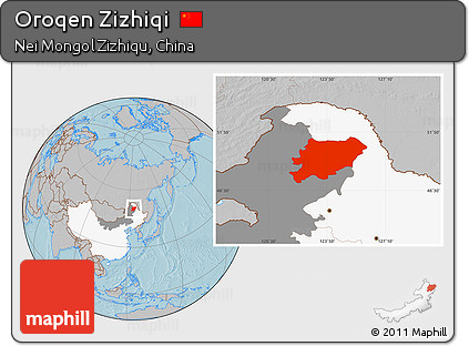 Gray Location Map of Oroqen Zizhiqi, highlighted country, highlighted parent region, hill shading