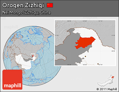 Gray Location Map of Oroqen Zizhiqi, highlighted country, highlighted parent region, hill shading