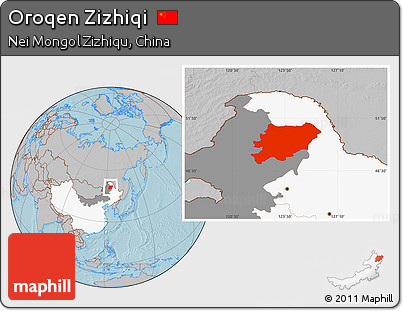 Gray Location Map of Oroqen Zizhiqi, highlighted country, highlighted parent region, hill shading