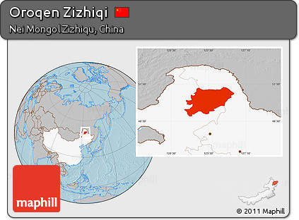 Gray Location Map of Oroqen Zizhiqi, highlighted country, hill shading