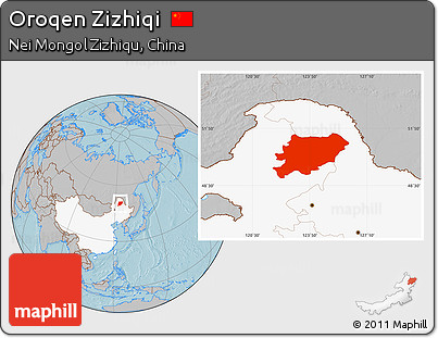 Gray Location Map of Oroqen Zizhiqi, highlighted country, hill shading