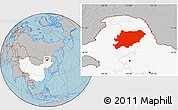 Gray Location Map of Oroqen Zizhiqi, highlighted country, hill shading
