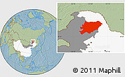 Savanna Style Location Map of Oroqen Zizhiqi, highlighted country, highlighted parent region, hill shading
