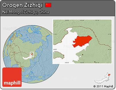 Savanna Style Location Map of Oroqen Zizhiqi, highlighted parent region, hill shading