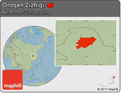 Savanna Style Location Map of Oroqen Zizhiqi, hill shading