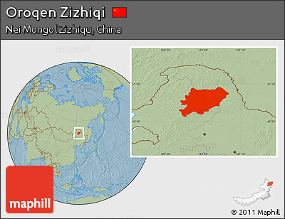 Savanna Style Location Map of Oroqen Zizhiqi, hill shading
