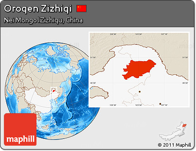 Shaded Relief Location Map of Oroqen Zizhiqi, highlighted country