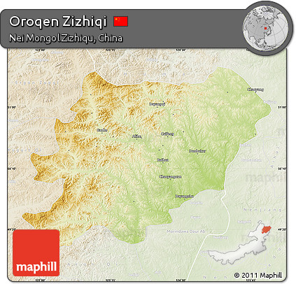 Physical Map of Oroqen Zizhiqi, lighten