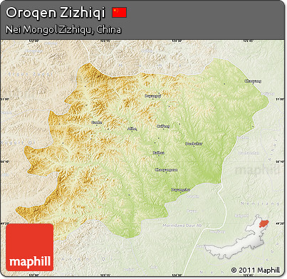 Physical Map of Oroqen Zizhiqi, lighten
