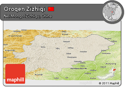 Shaded Relief Panoramic Map of Oroqen Zizhiqi, physical outside