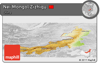 Physical Panoramic Map of Nei Mongol Zizhiqu, lighten, desaturated