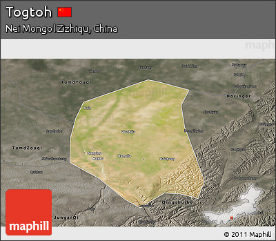 Satellite 3D Map of Togtoh, darken, semi-desaturated